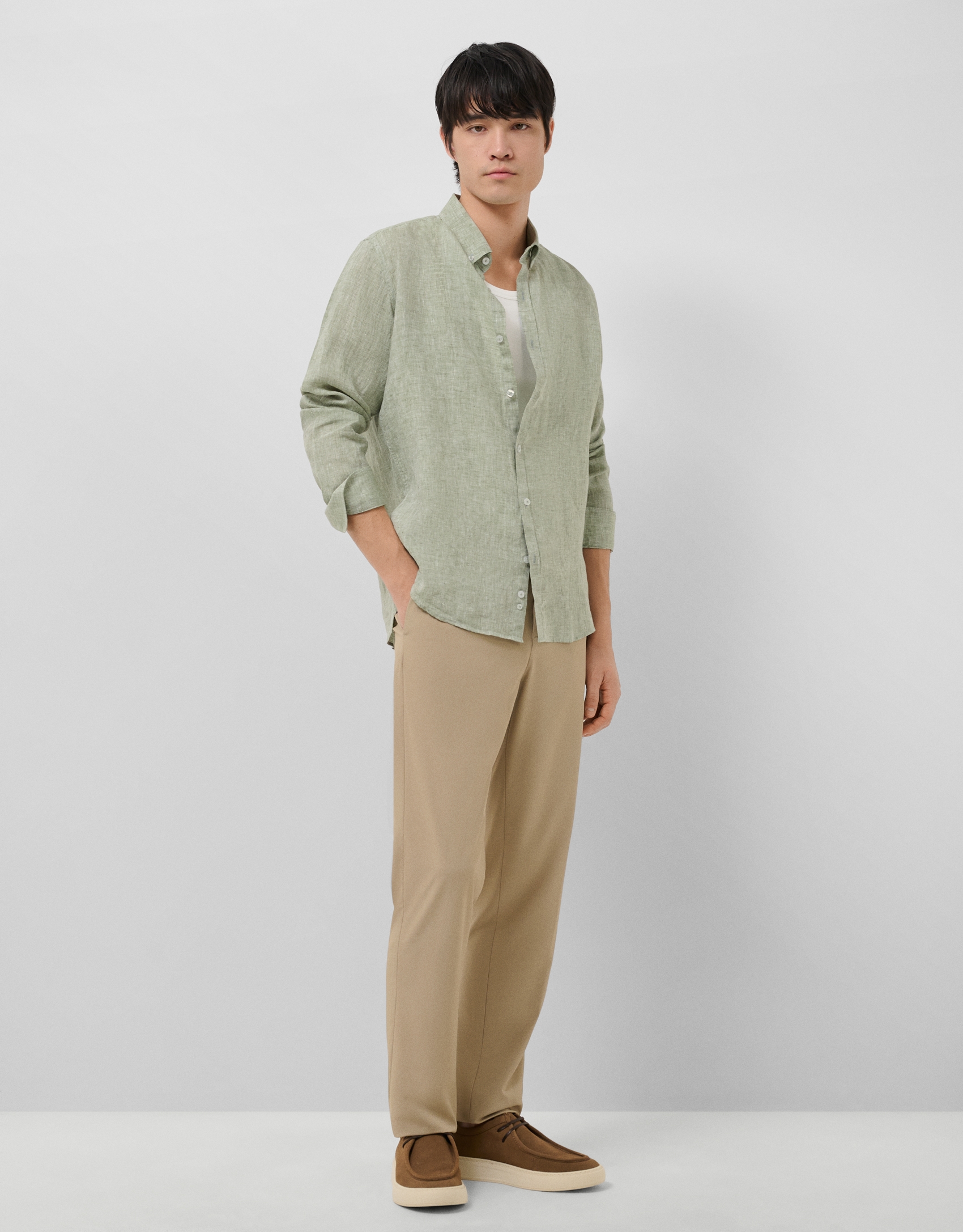 Regular fit khaki linen sports shirt
