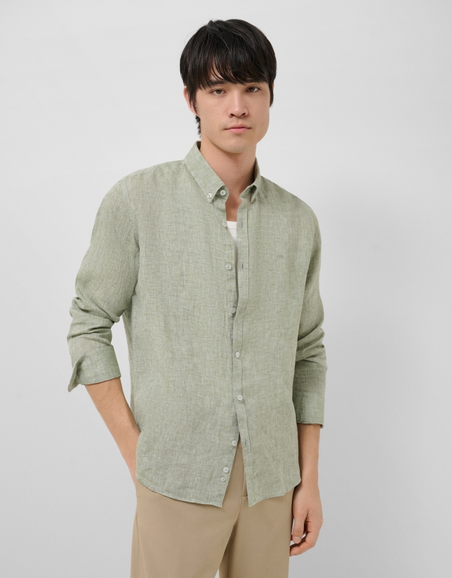 Regular fit khaki linen sports shirt