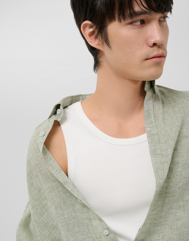 Regular fit khaki linen sports shirt