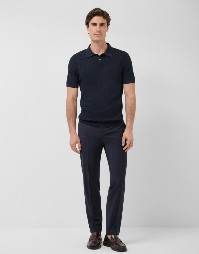 Navy structured knitted polo shirt