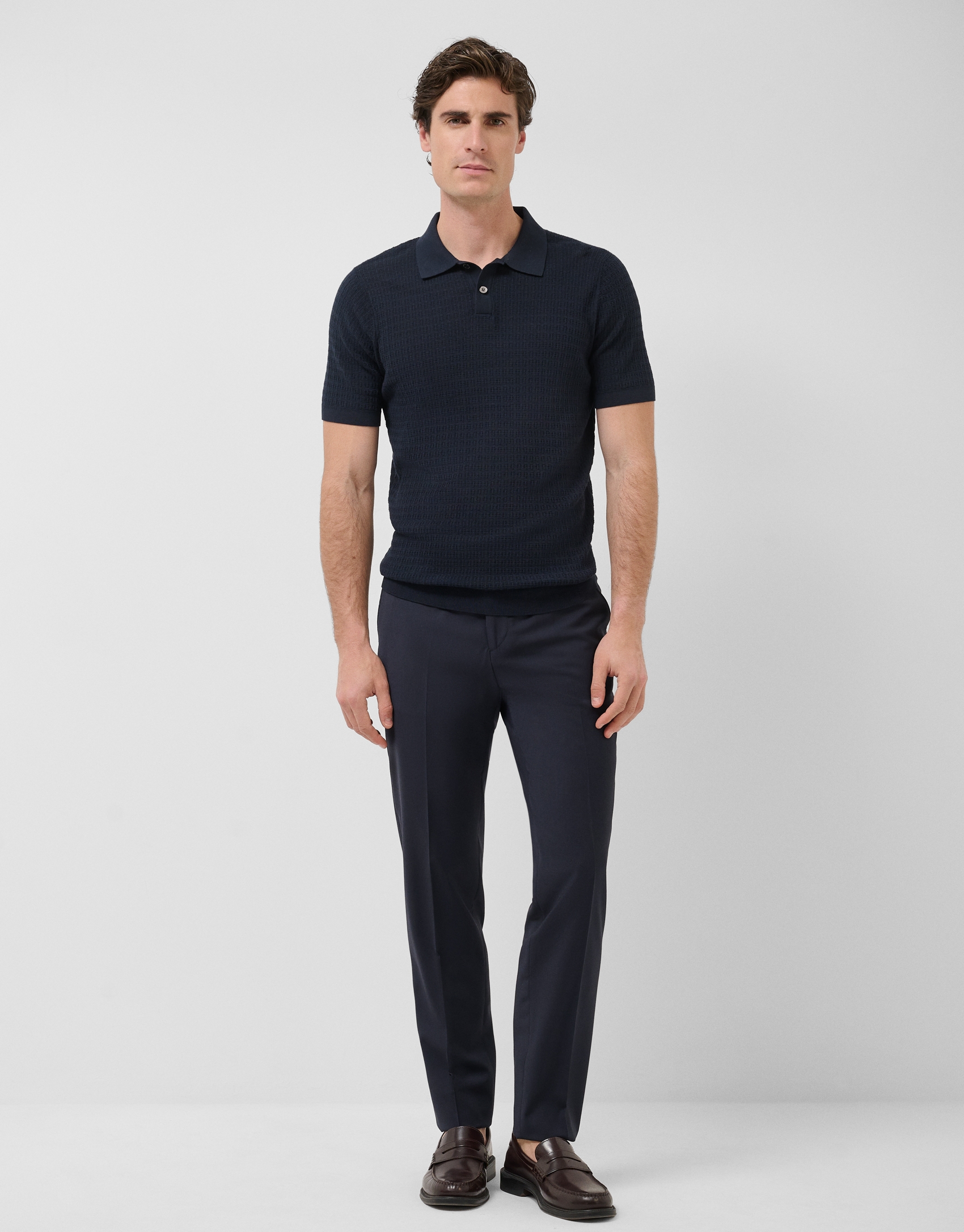 Navy structured knitted polo shirt