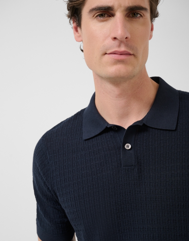 Navy structured knitted polo shirt