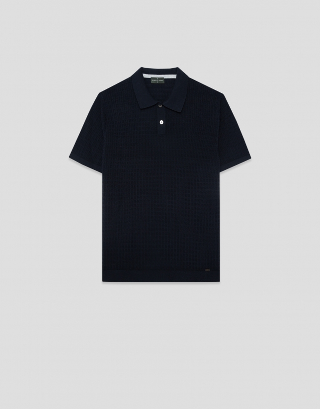 Navy structured knitted polo shirt