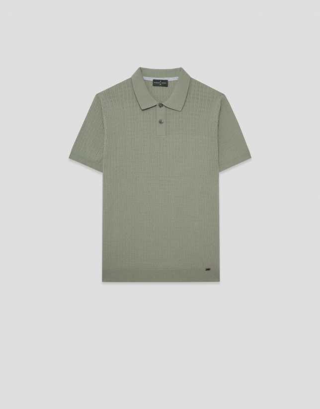 Light khaki structured knitted polo shirt