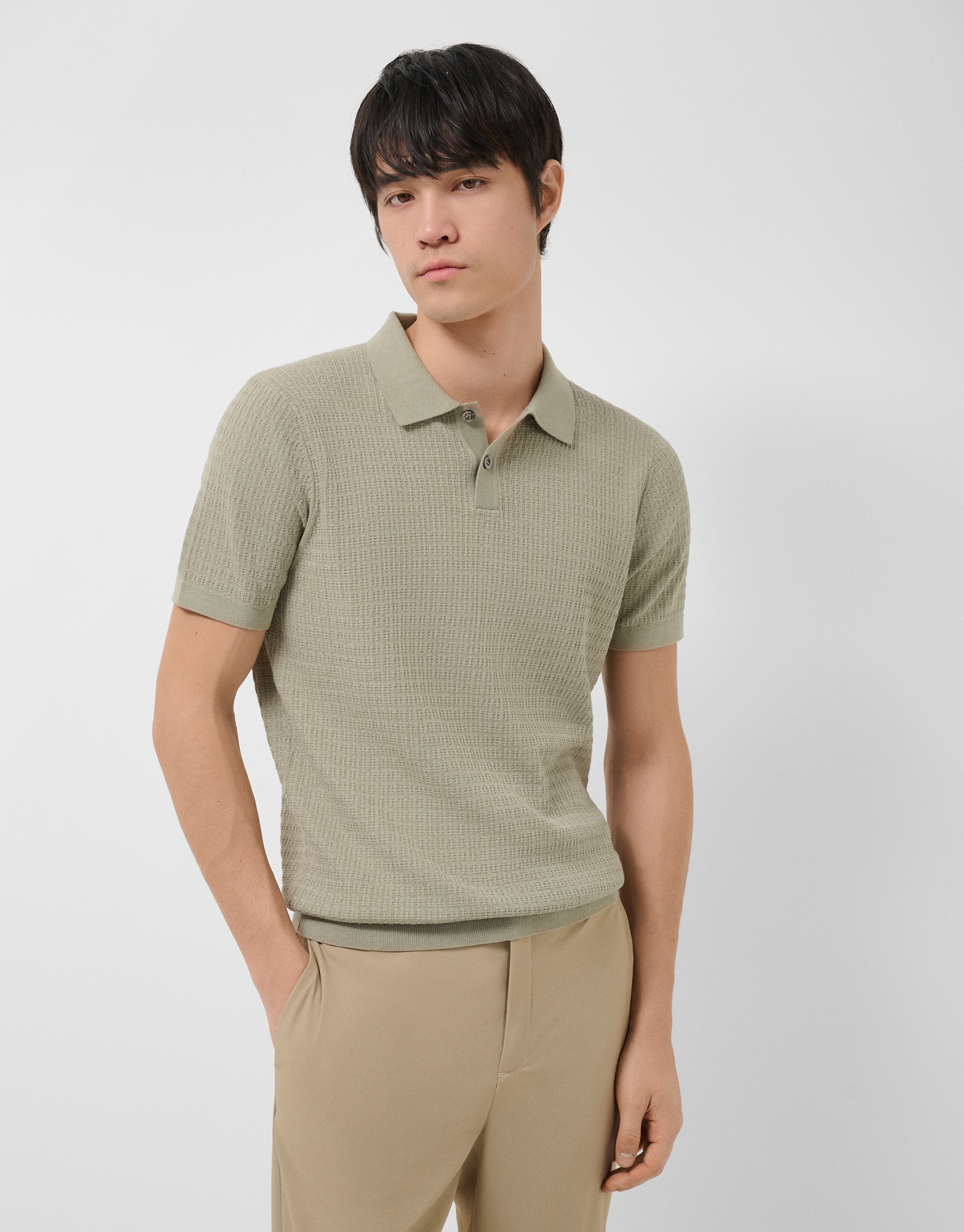 Light khaki structured knitted polo shirt