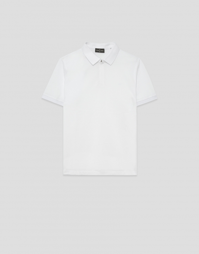 White technical piqu&eacute; polo shirt with zip