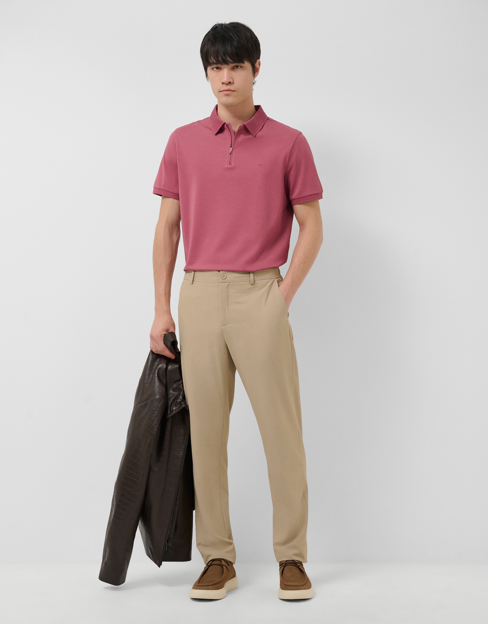 Plum-colored technical piqu&eacute; polo shirt with zip