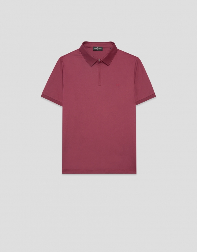 Plum-colored technical piqu&eacute; polo shirt with zip