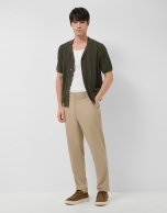 Dark khaki herringbone knit open polo shirt