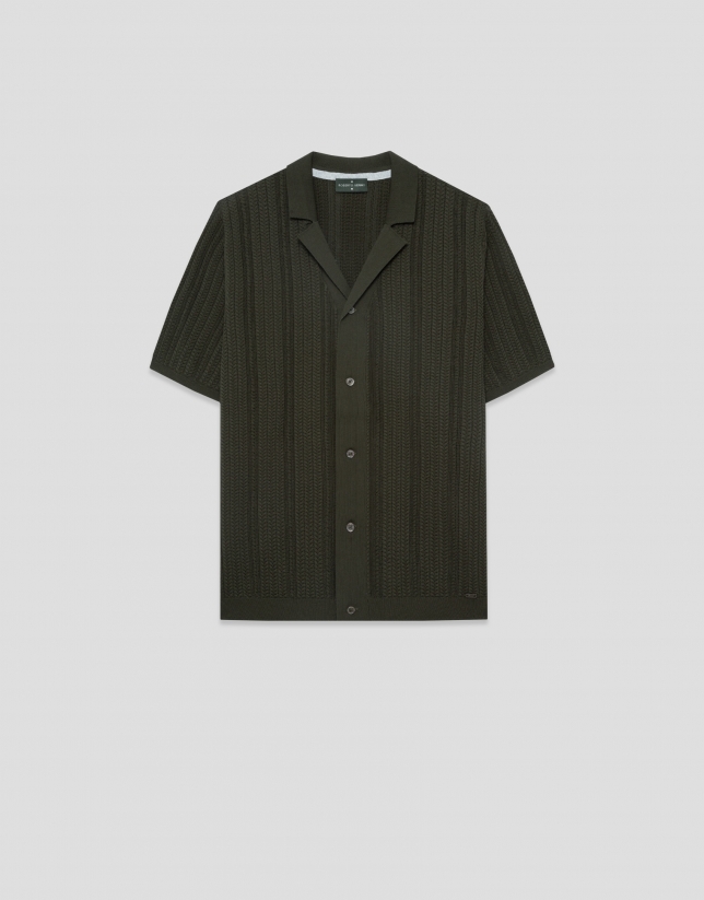 Dark khaki herringbone knit open polo shirt