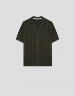 Dark khaki herringbone knit open polo shirt