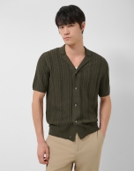Dark khaki herringbone knit open polo shirt