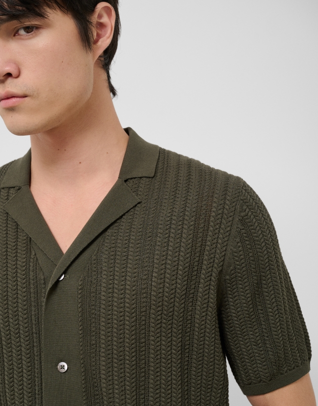 Dark khaki herringbone knit open polo shirt