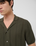 Dark khaki herringbone knit open polo shirt