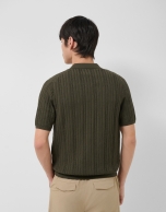 Dark khaki herringbone knit open polo shirt