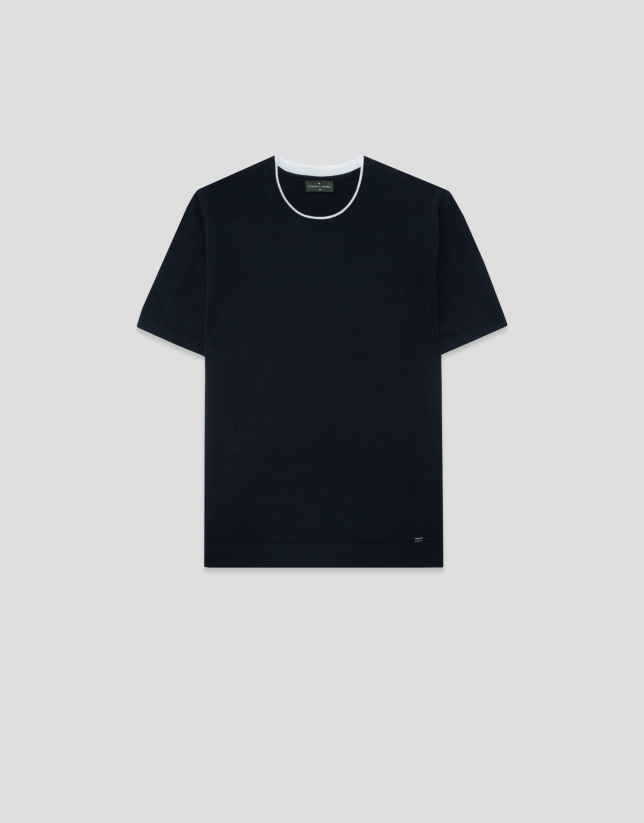 Navy blue knitted short-sleeved T-shirt