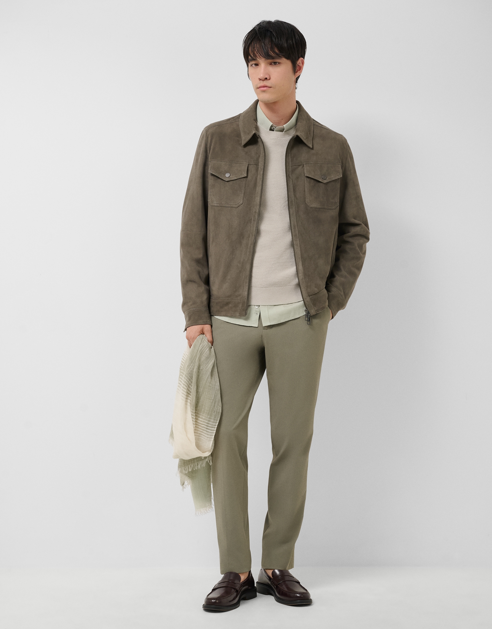 Khaki suede jacket with chest pockets