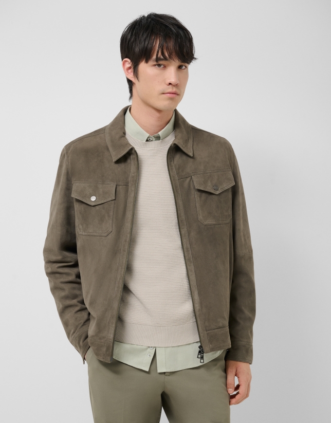 Khaki suede jacket with chest pockets