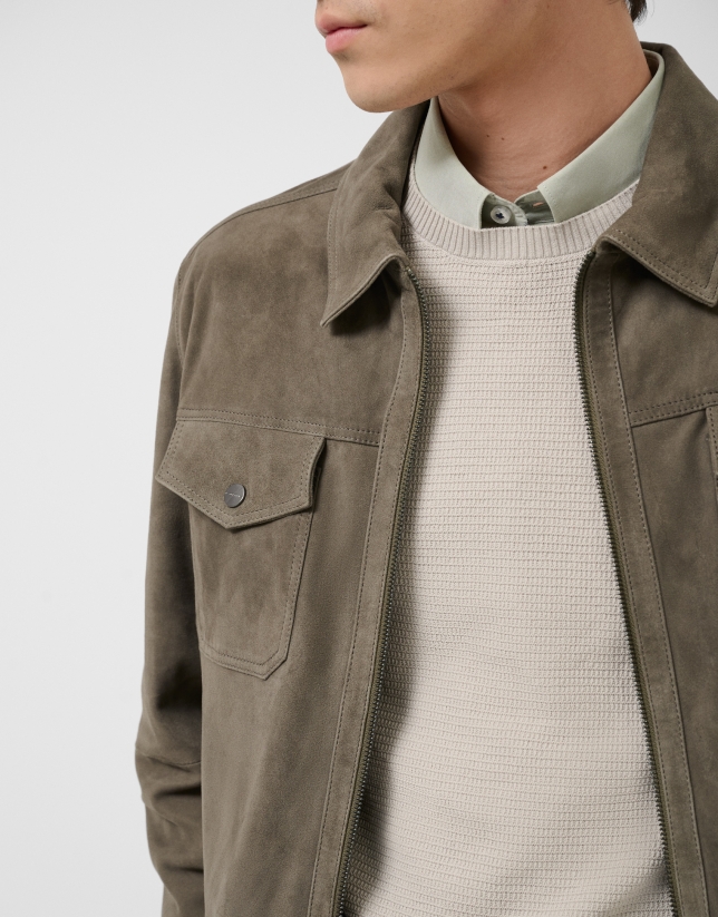 Khaki suede jacket with chest pockets