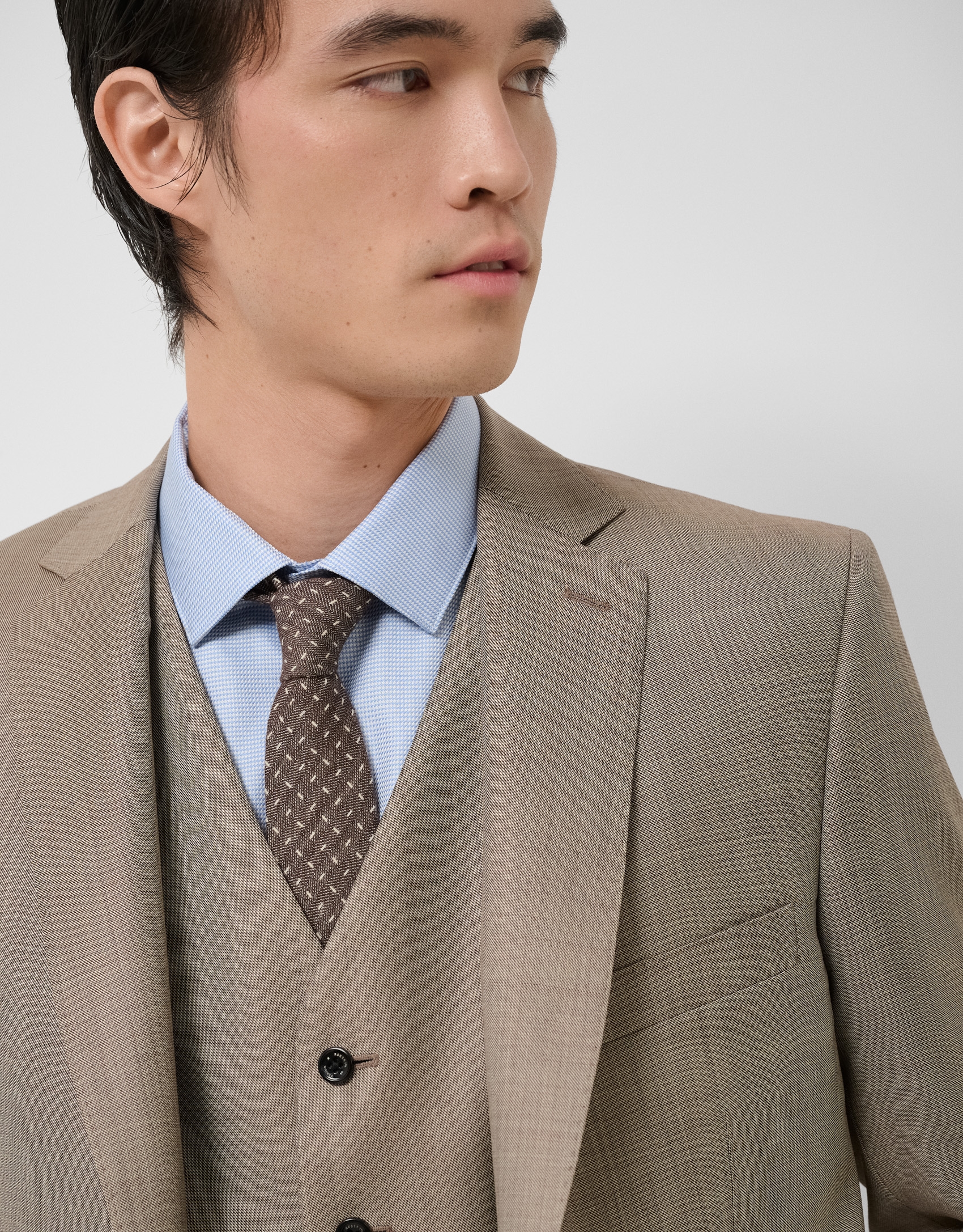 Half canvas slim fit suit in dark mink faux suede