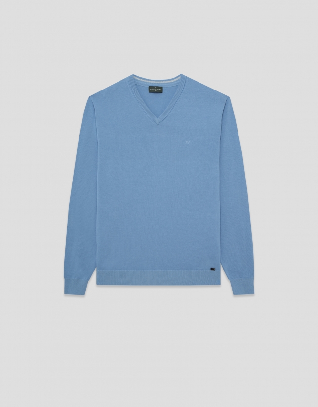 Light blue high twist V-neck jumper