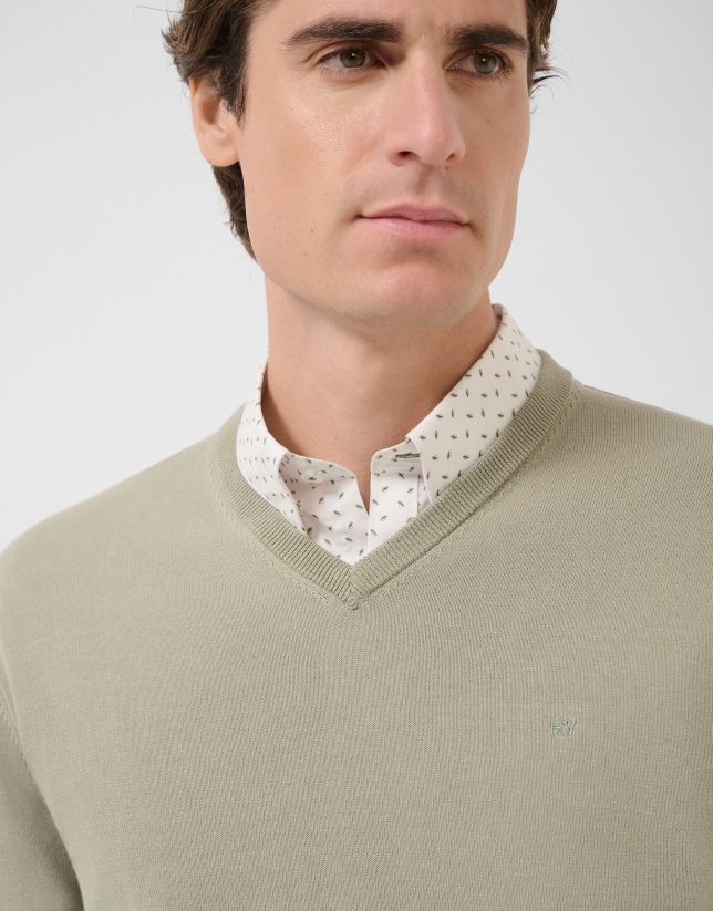 Jersey cuello pico high twist caqui claro