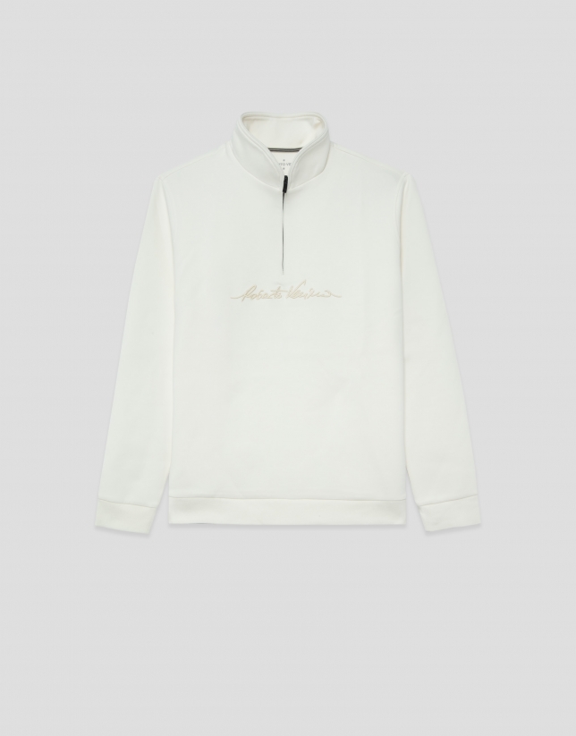 Sudadera media cremallera blanco roto logo pecho