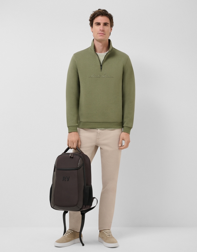 Khaki half-zip sweatshirt with chest logo