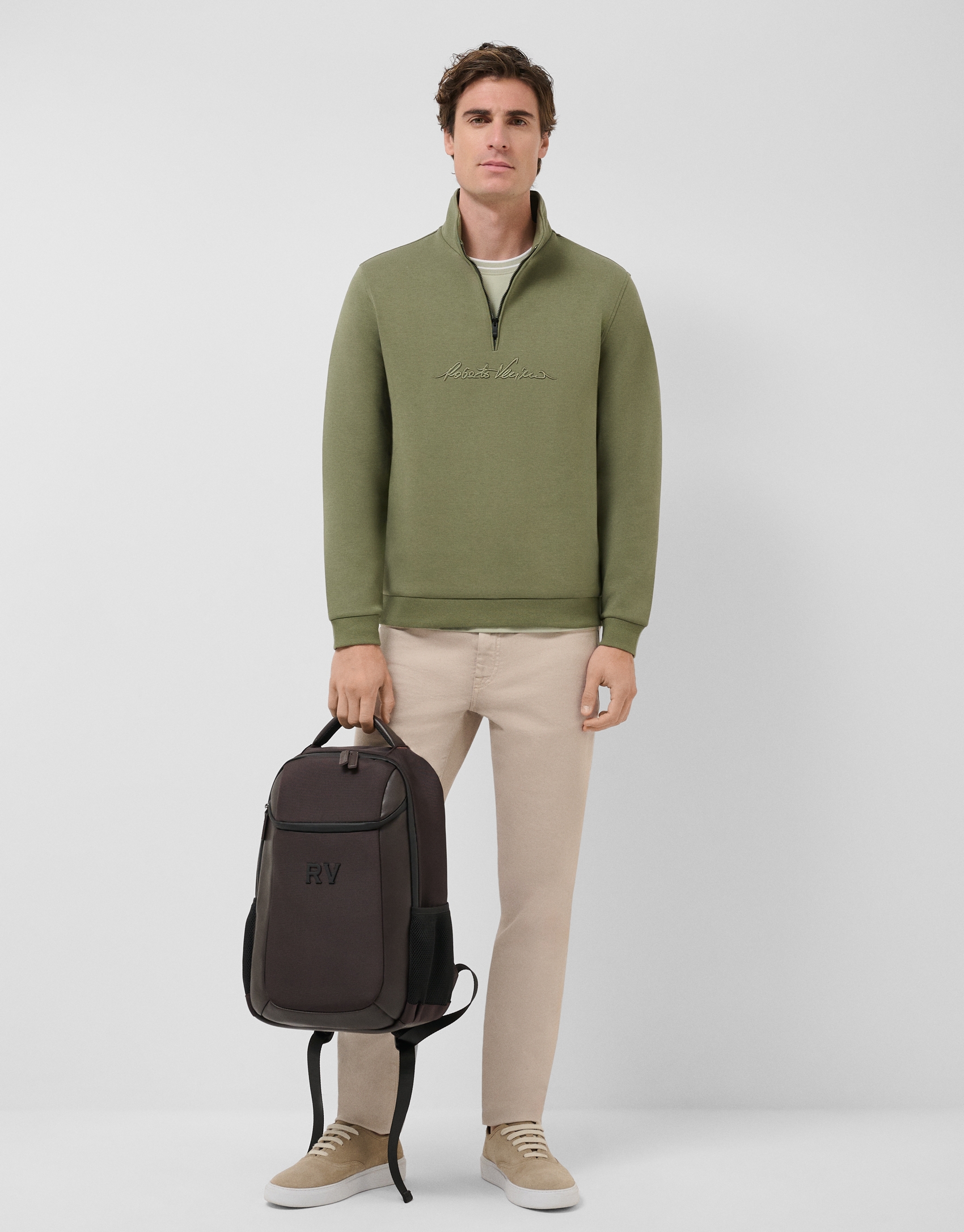 Khaki half-zip sweatshirt with chest logo