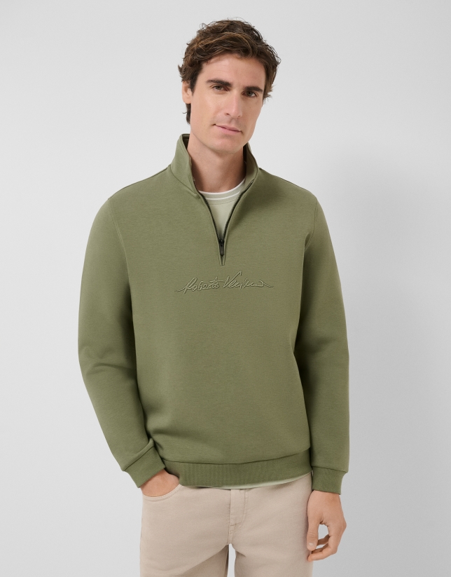 Khaki half-zip sweatshirt with chest logo