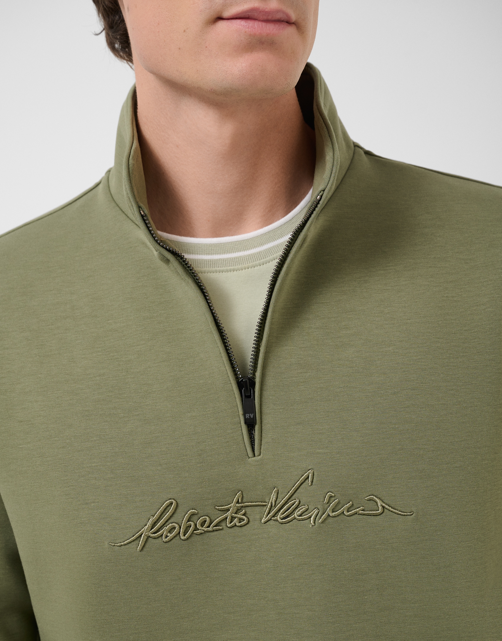 Khaki half-zip sweatshirt with chest logo