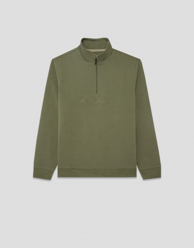 Sudadera media cremallera caqui logo pecho