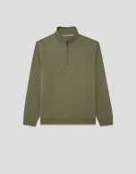 Khaki half-zip sweatshirt with chest logo