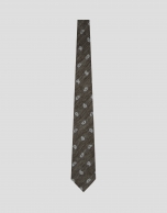Herringbone silk/linen tie with brown jacquard paisley pattern