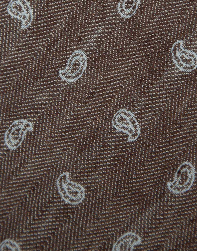Herringbone silk/linen tie with brown jacquard paisley pattern