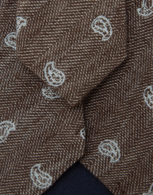 Corbata de seda/lino espiga con jacquard cachemires tonos marrones