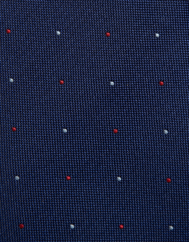 Blue silk tie with light blue and red jacquard