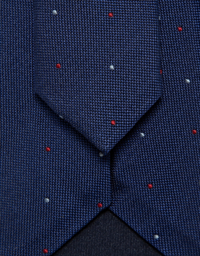 Blue silk tie with light blue and red jacquard
