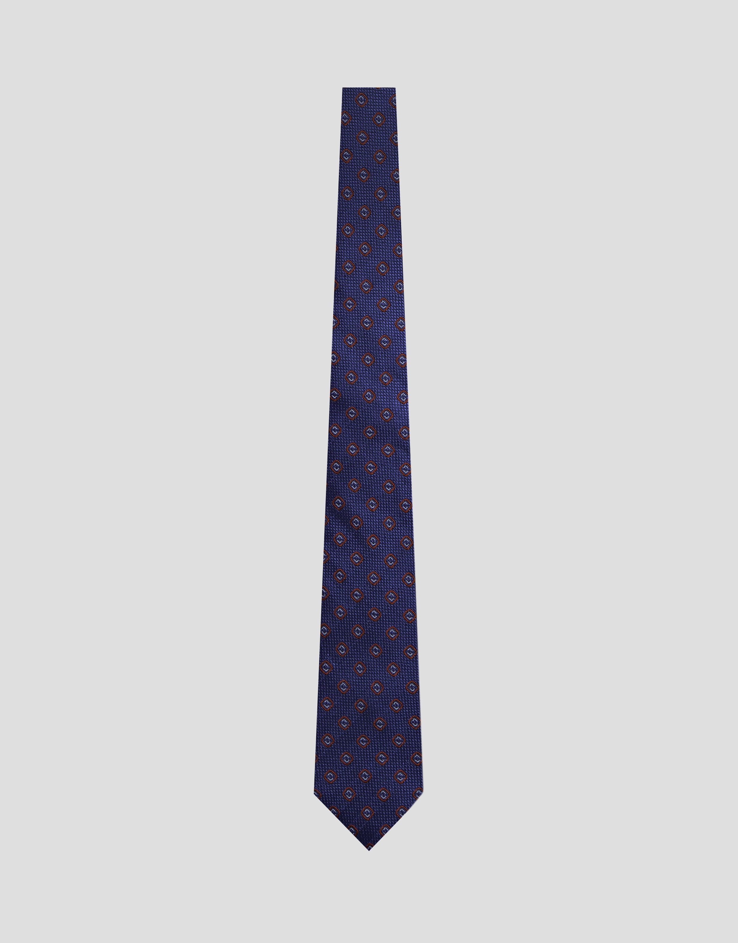 Blue silk tie with red and light blue geometric jacquard