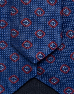 Blue silk tie with red and light blue geometric jacquard