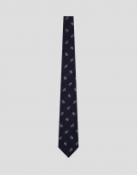 Herringbone silk/linen tie with blue paisley jacquard