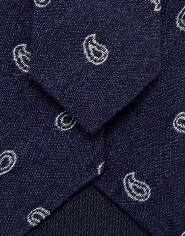 Herringbone silk/linen tie with blue paisley jacquard