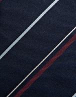 Navy silk tie with white and red stripes