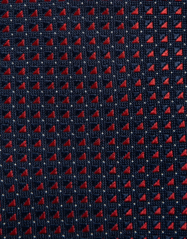 Corbata seda marino con jacquard geom&eacute;trico rojo