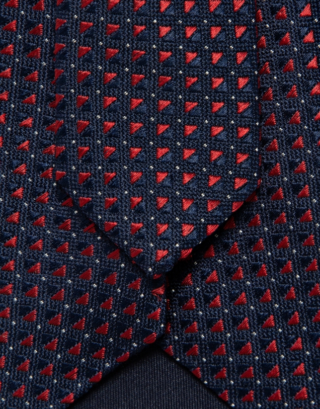 Corbata seda marino con jacquard geom&eacute;trico rojo