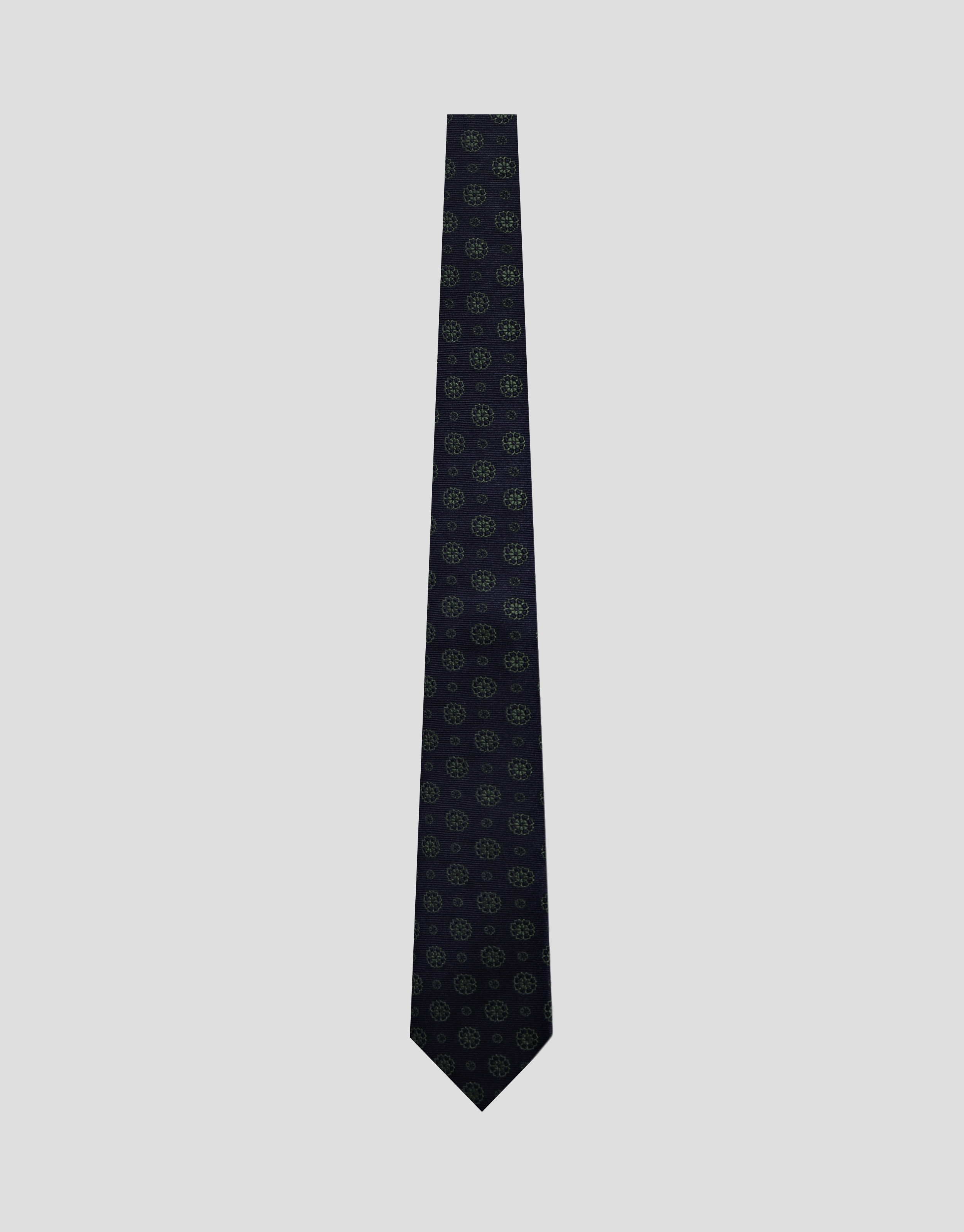 Navy silk tie with geometric jacquard green flowers