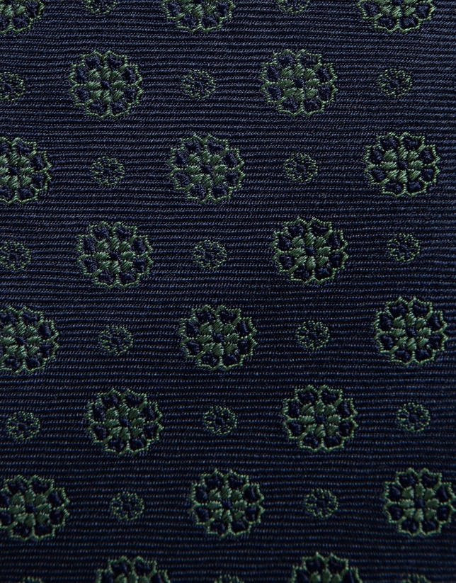 Corbata seda marino con jacquard geom&eacute;trico flores verdes