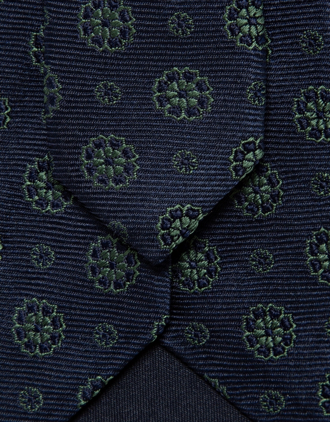 Corbata seda marino con jacquard geom&eacute;trico flores verdes