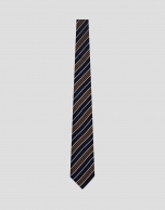 Navy silk tie with orange/white stripes