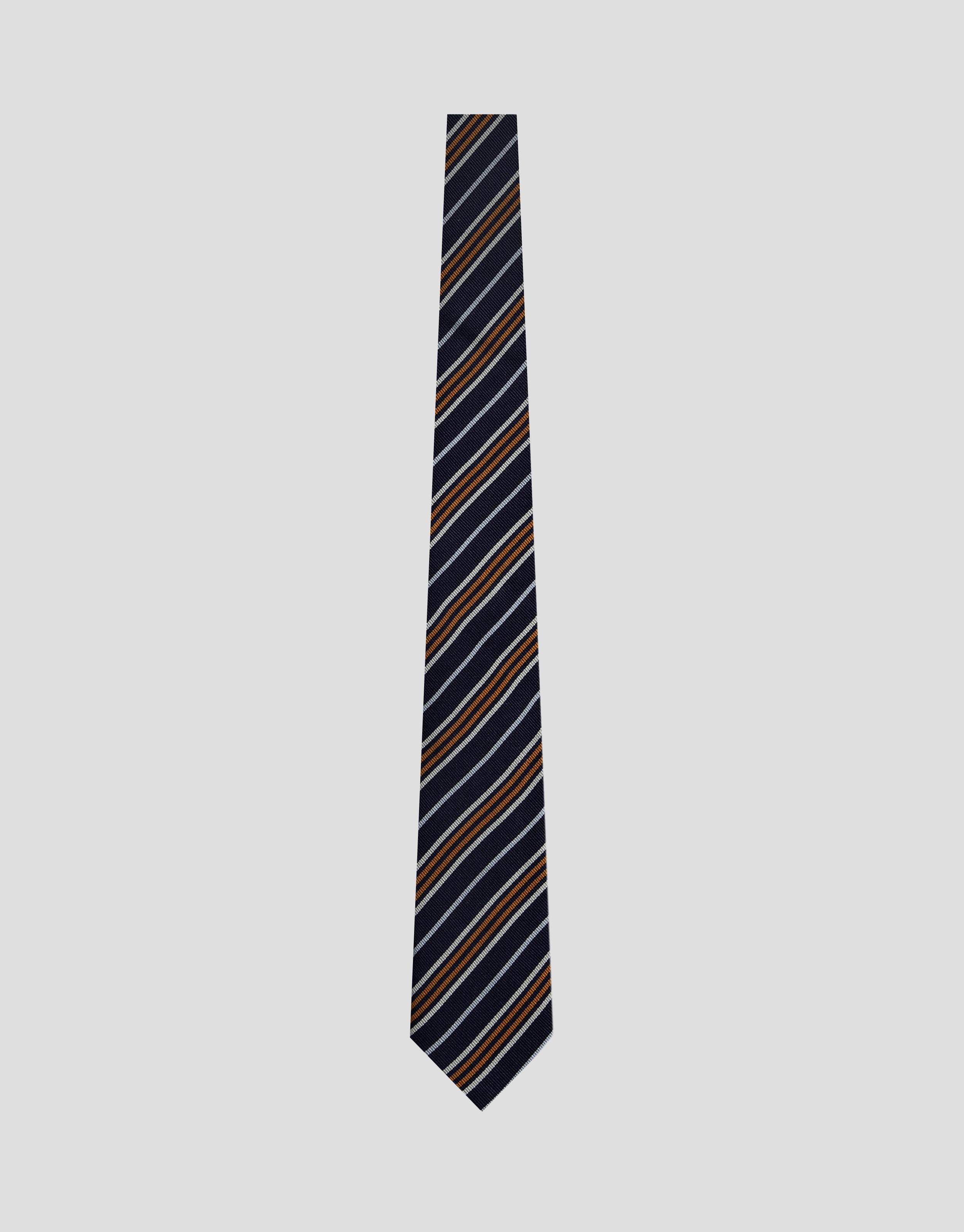 Navy silk tie with orange/white stripes
